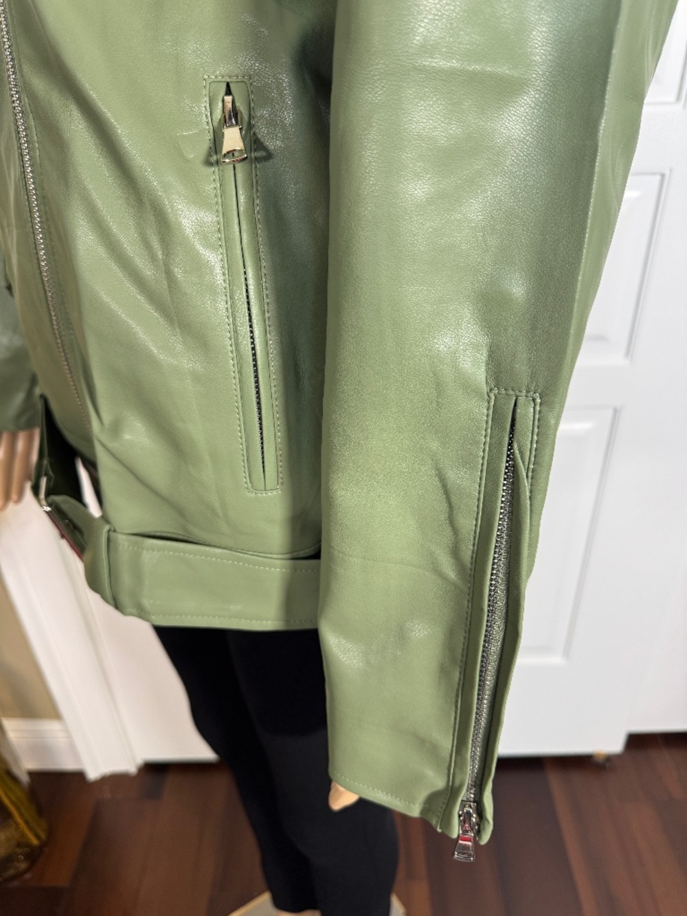 OLIVE GREEN ZIP UP FAUX LEATHER JACKET SIZE S/M - NWOT - Picture 11 of 16